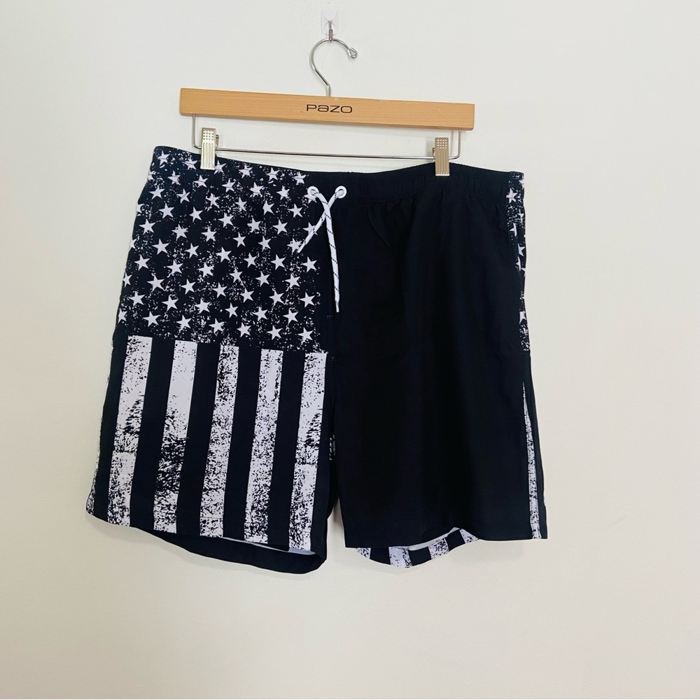 Bold Black and White Board Shorts with Patriotic Design